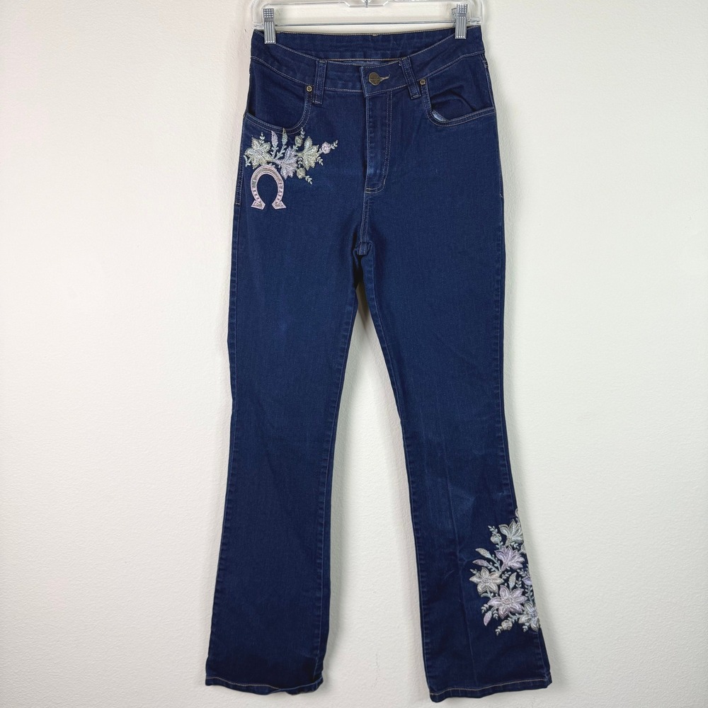 Broken Horn Jeans Women 42 Dark Wash Western Horse Horseshoe Embroidered Flare